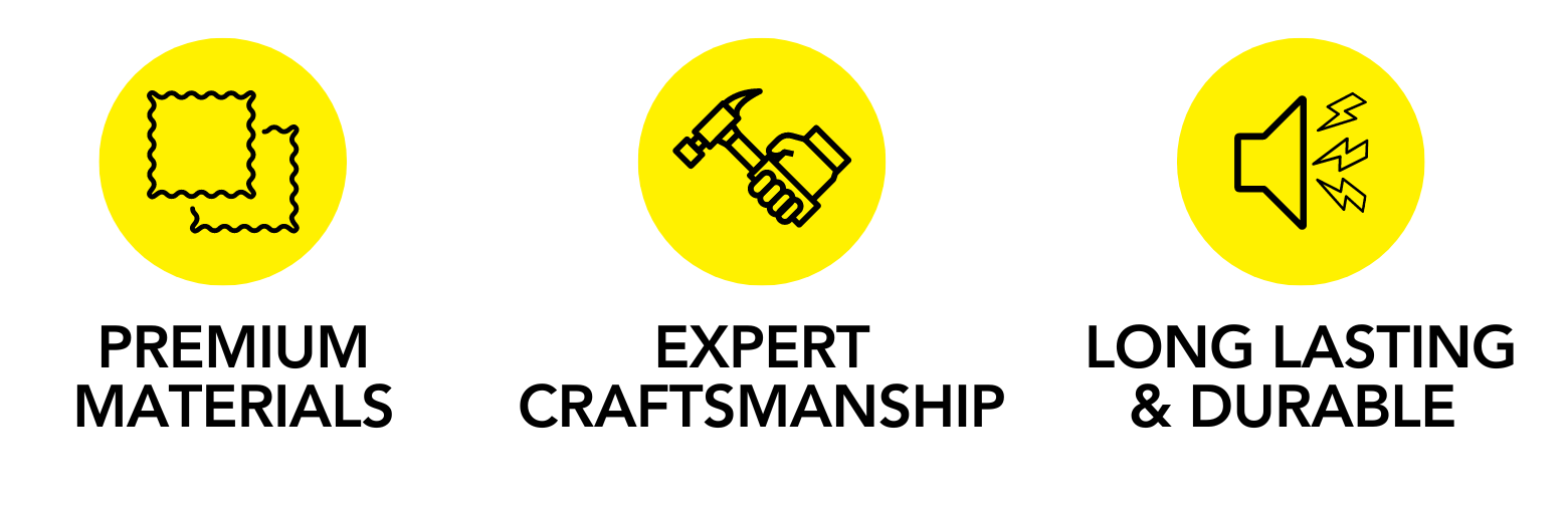 Three yellow icons  that read left to right "Premium materials, expert craftsmanship, long lasting and durable"