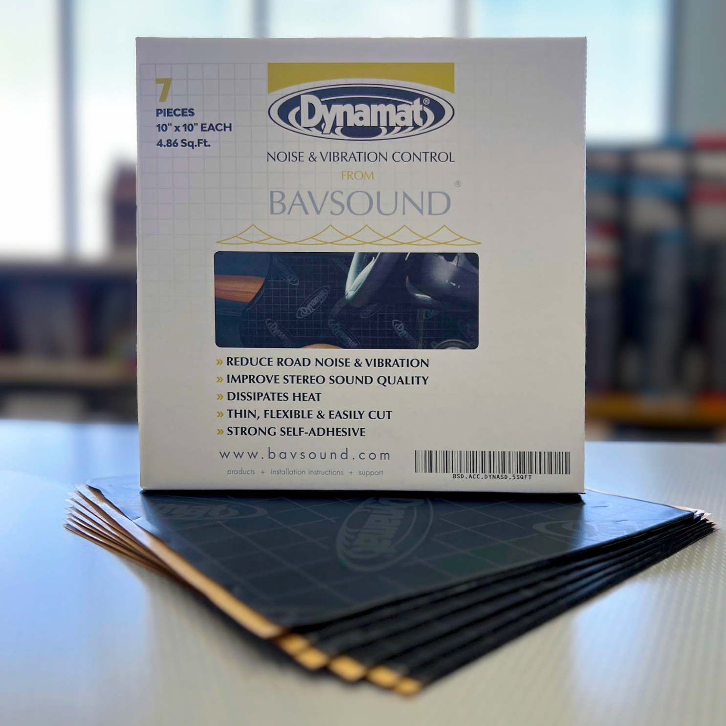 Image of the packaging of the Bavsound Dynamat sound deadening pads.