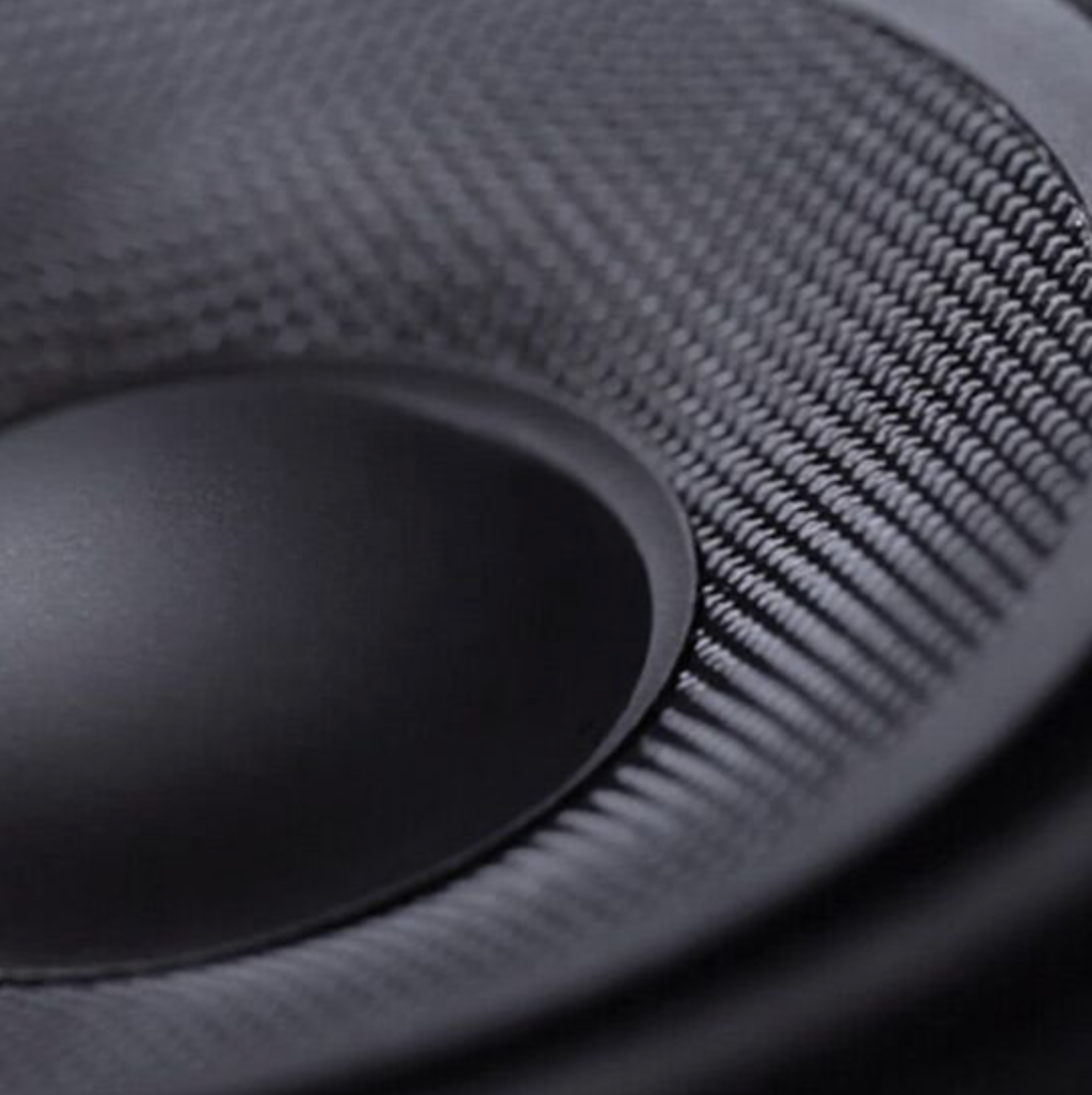closeup of a Bavsound speaker showing the kevlar knitted weave detail