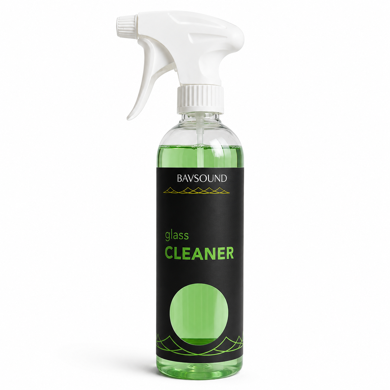 A bottle of BAVSOUND glass cleaner with a white spray trigger top and a black label featuring green text and a green circle, set against a plain white background.