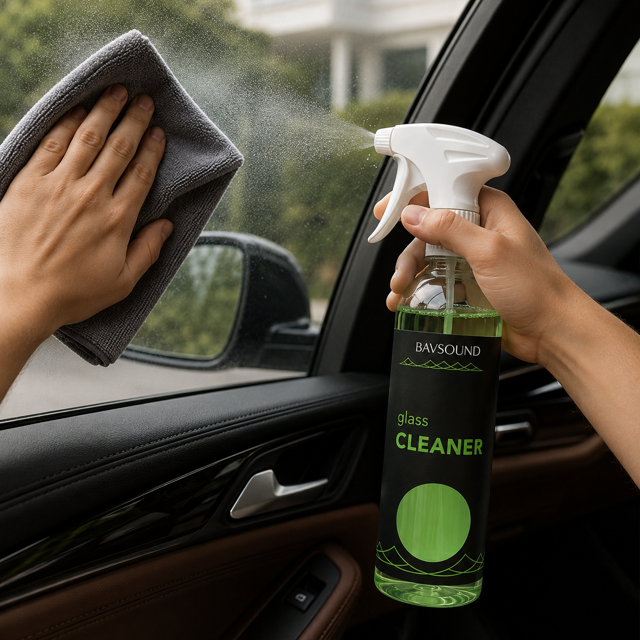 A person holds a spray bottle of BAVSOUND glass cleaner and sprays a car window while wiping it with a gray microfiber cloth. The product is shown in a real-world car interior setting.